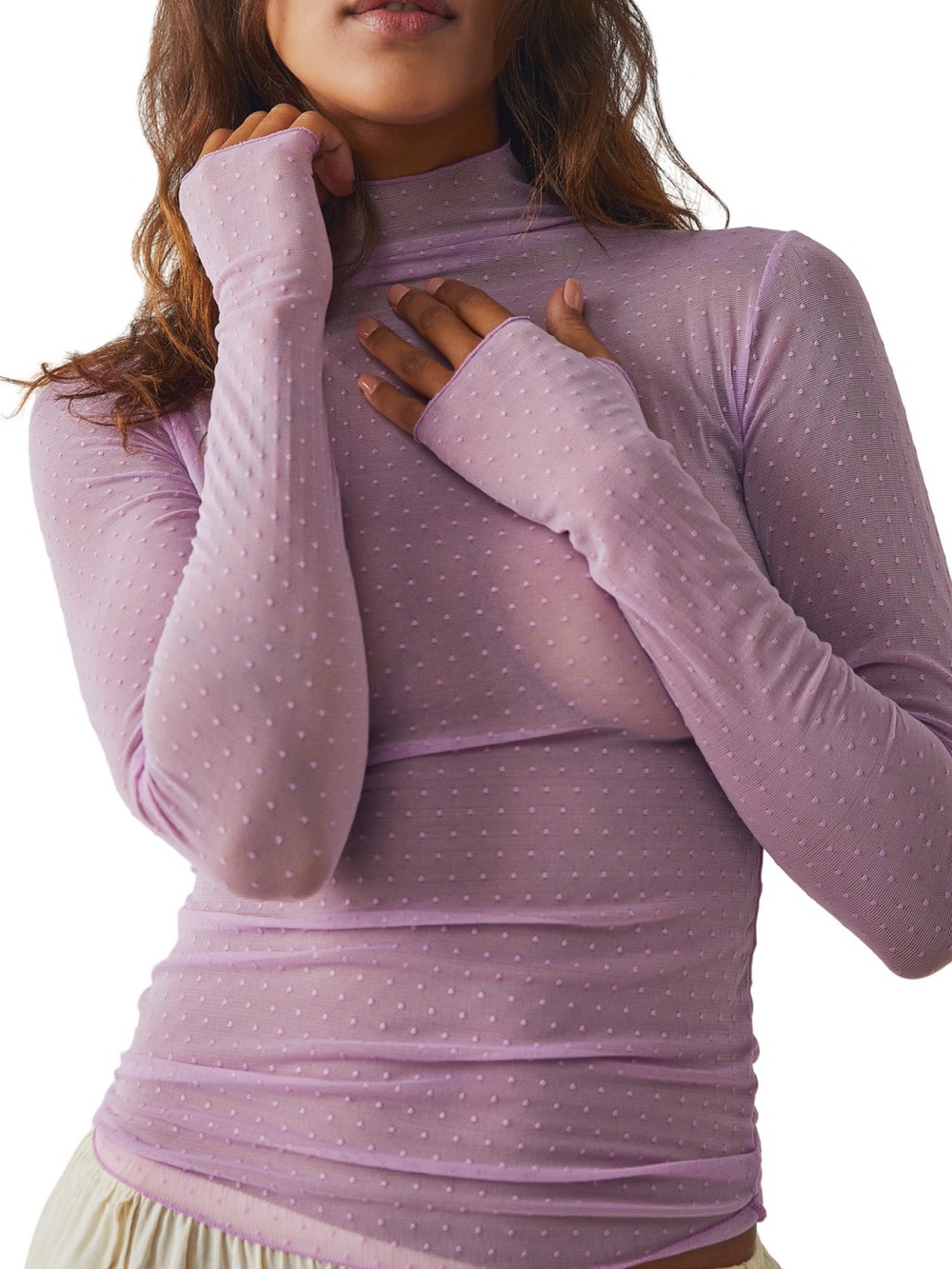 Free People Bubble Tea Lavender Mesh Swiss Dot Long Sleeve Layering Top